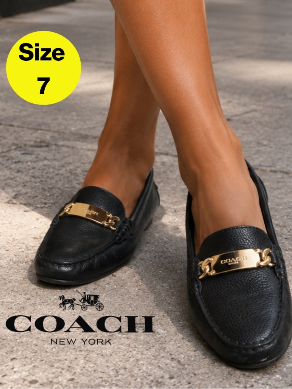 COACH Women's Black Leather Slip-On Loafers with Gold Hardware